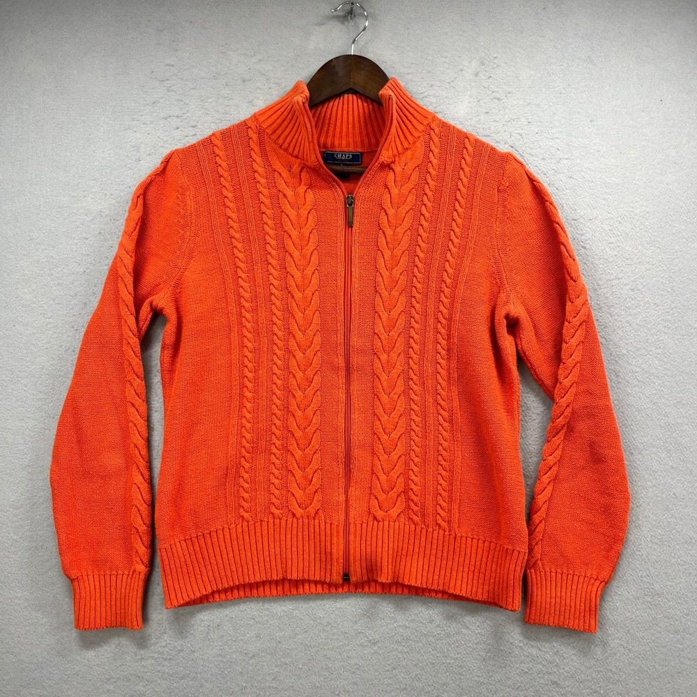 Chaps Denim Sweater Women L Orange Cable Knit Full Zip Preppy Fisherman Cardigan